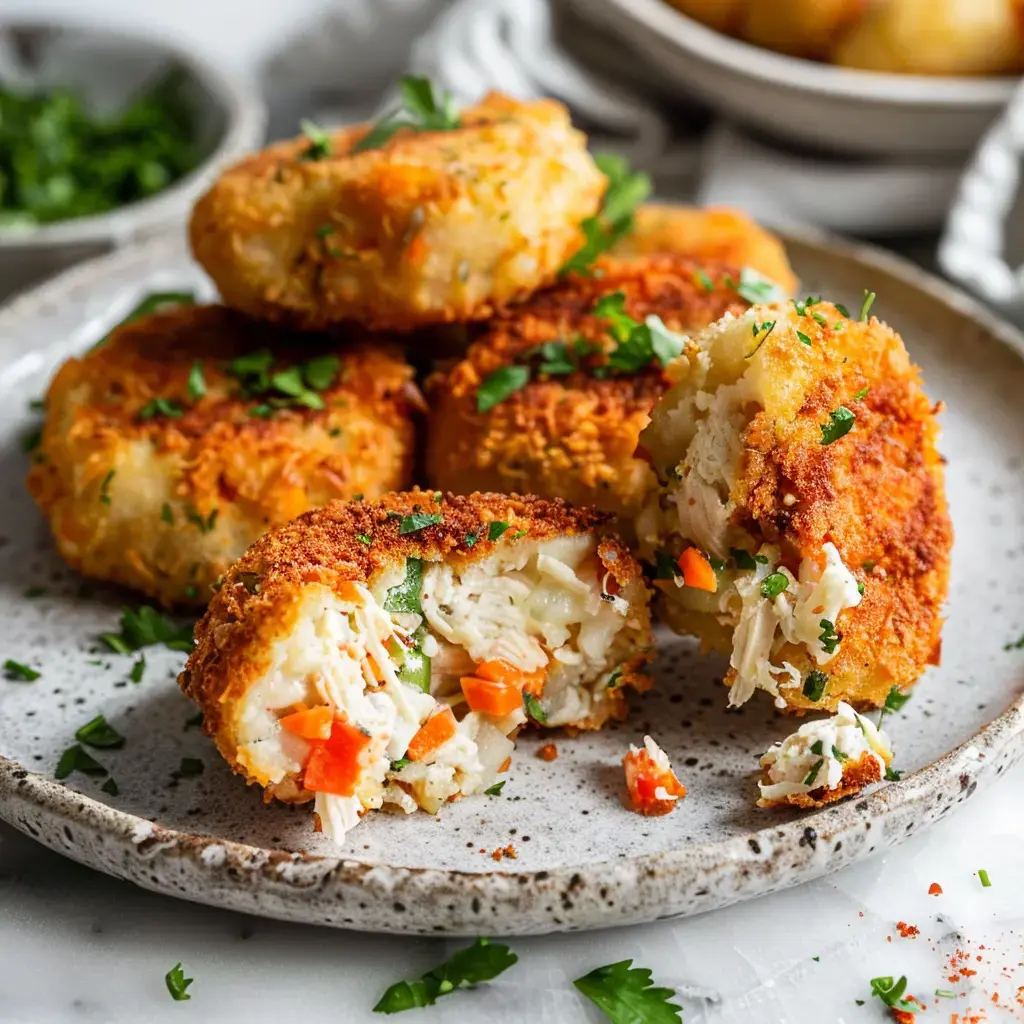 Petites croquettes poulet et légumes parfumés, servies dorées sur une assiette.
