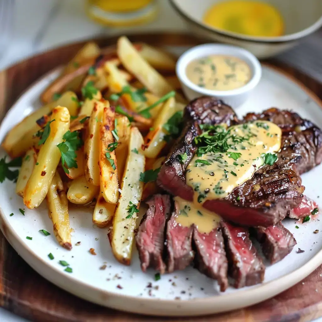 Une assiette avec un steak savoureux, des frites maison croquantes et une portion de sauce crémeuse, le tout décoré de coriandre.