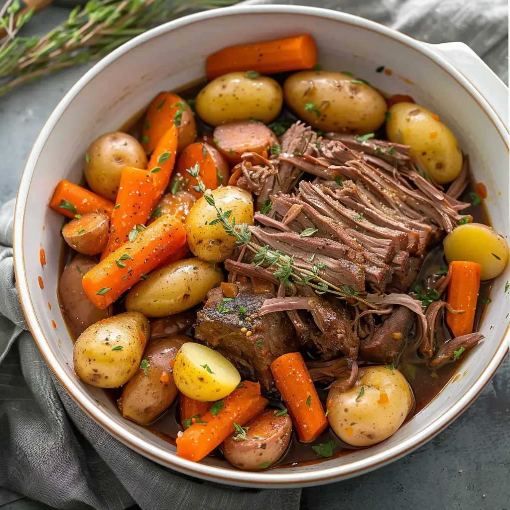 Une assiette de bœuf cuit longuement avec des carottes et pommes de terre, parsemées d’herbes.