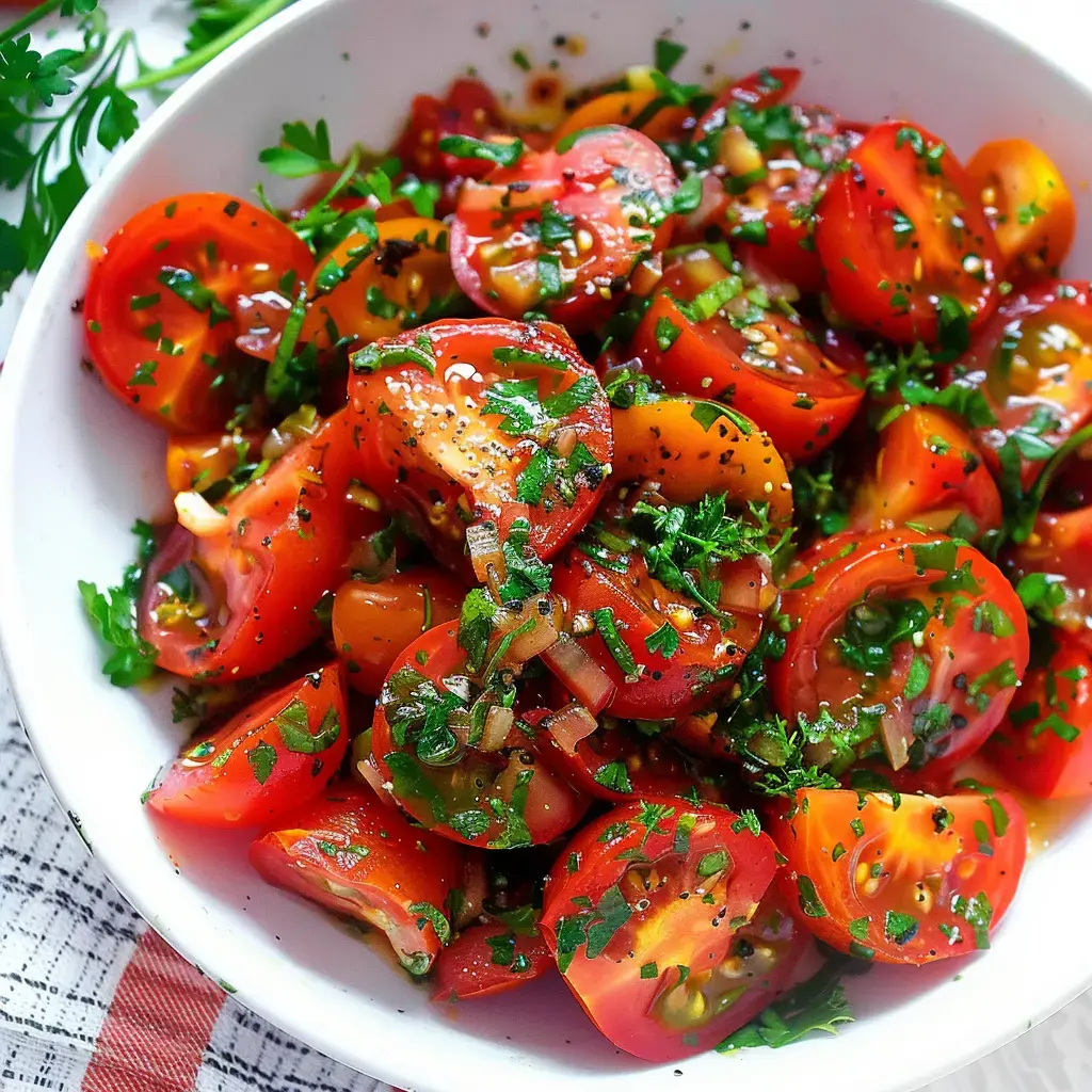 Des tomates taillées en morceaux, parsemées de persil et d’oignons, saupoudrées d’épices du Moyen-Orient.