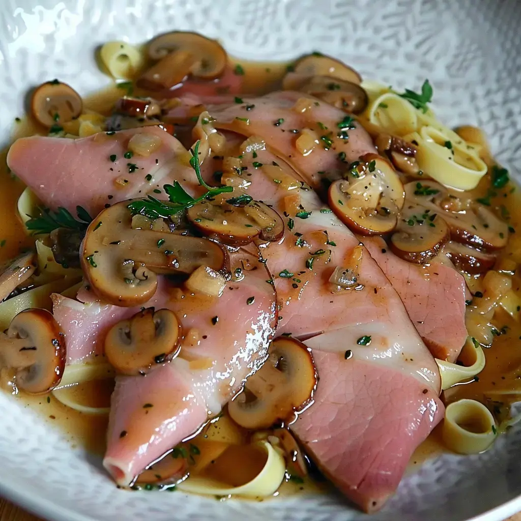 Des pâtes avec des tranches de jambon et des champignons dans une sauce brune.