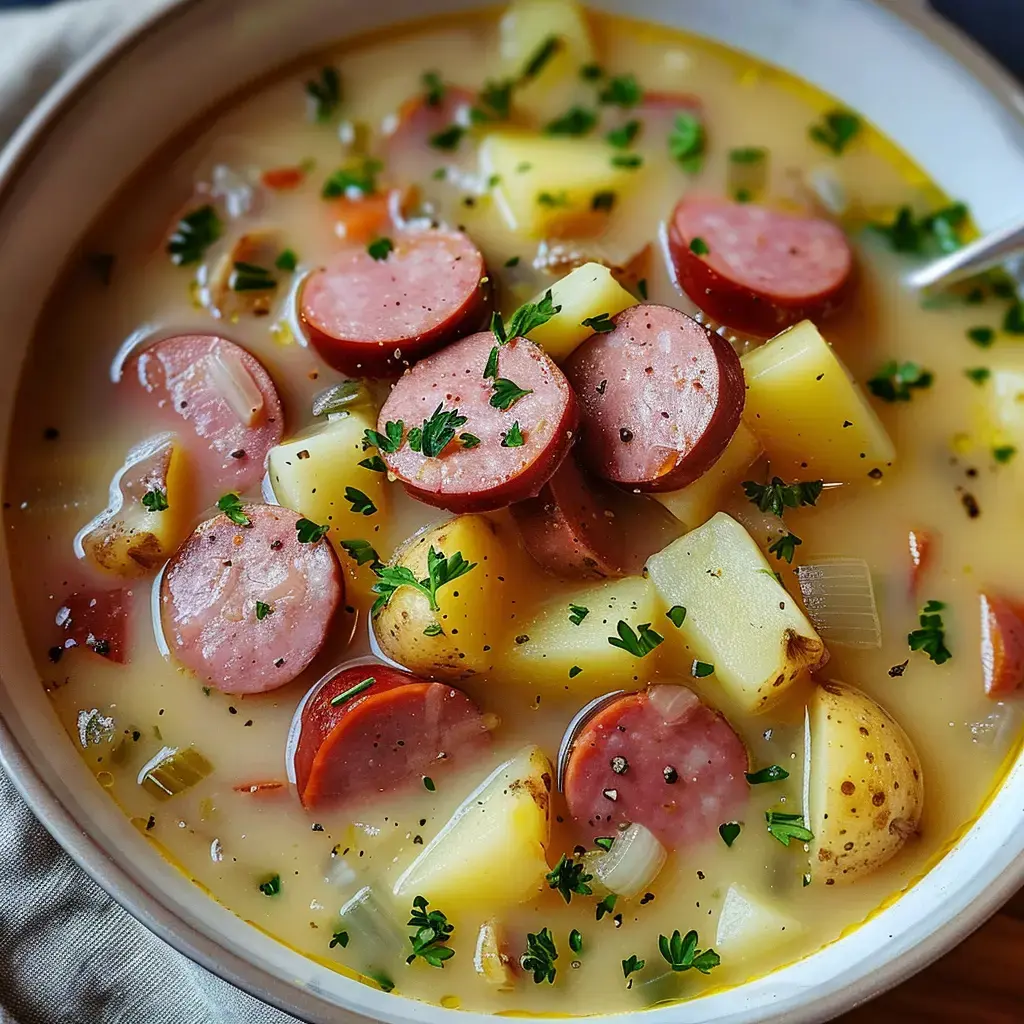 Une bonne soupe épaisse avec des rondelles de saucisse, des cubes de pommes de terre et des herbes coupées dessus.