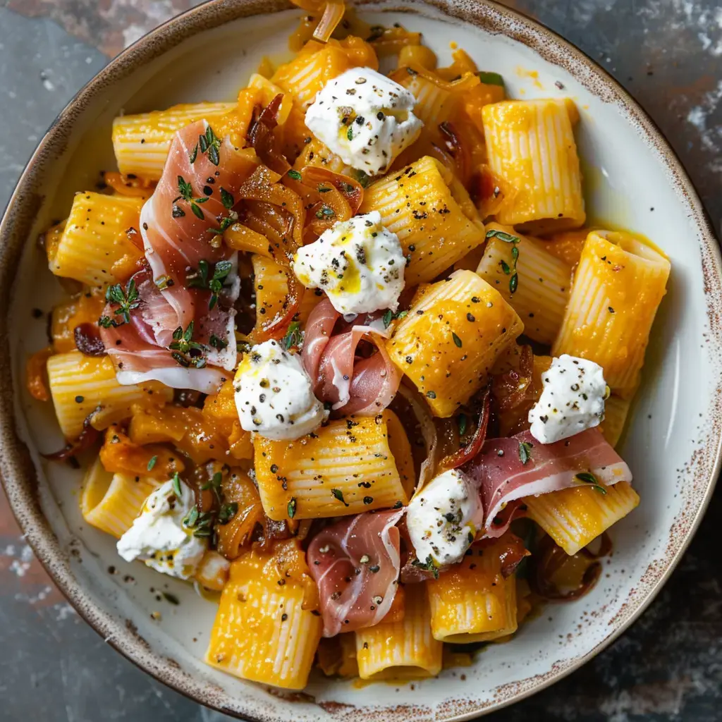 Pâtes rigatoni, morceaux de jambon, bien nappées de crème, avec oignons caramélisés et herbes fraîches.