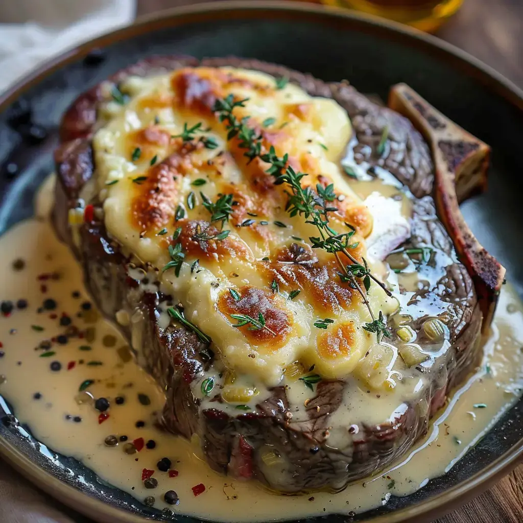 Une belle pièce de bœuf nappée de crème et gratinée au fromage, le tout parsemé de thym et servie dans une sauce bien lisse.