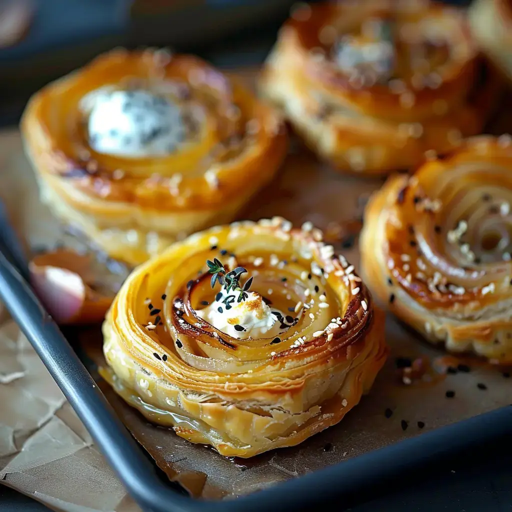 Petits feuilletés roulés, garnis d’oignons caramélisés, crème toute douce et sésame, sur une plaque à four.