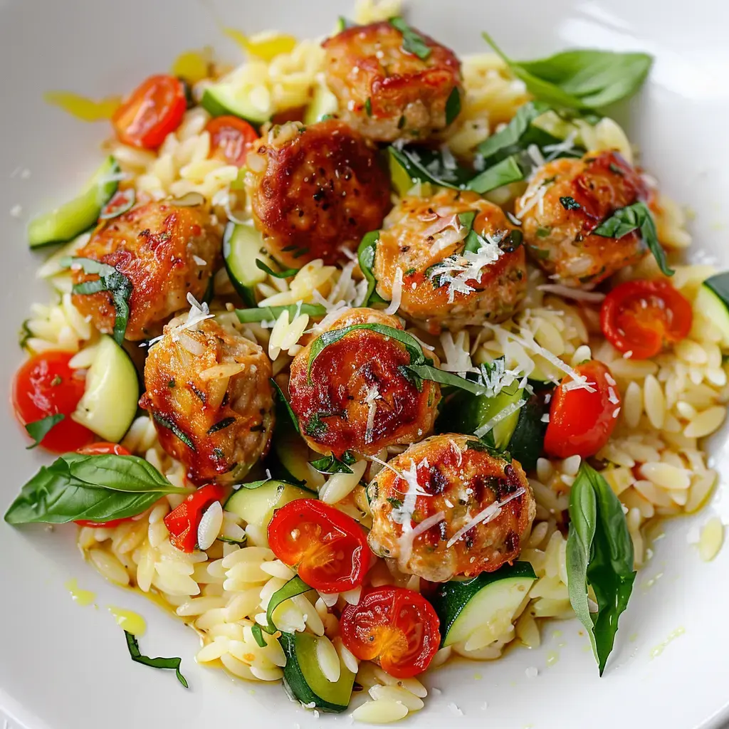 Assiette garnie d'orzo, boulettes croustillantes, tomates et courgettes avec basilic.