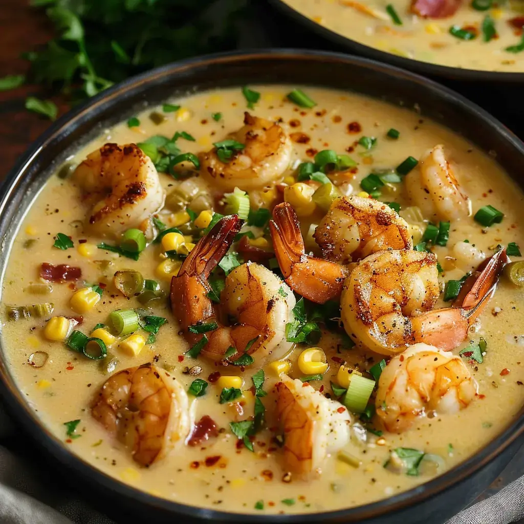 Une assiette gourmande de bisque avec crevettes, maïs, herbes fraîches et oignons verts.