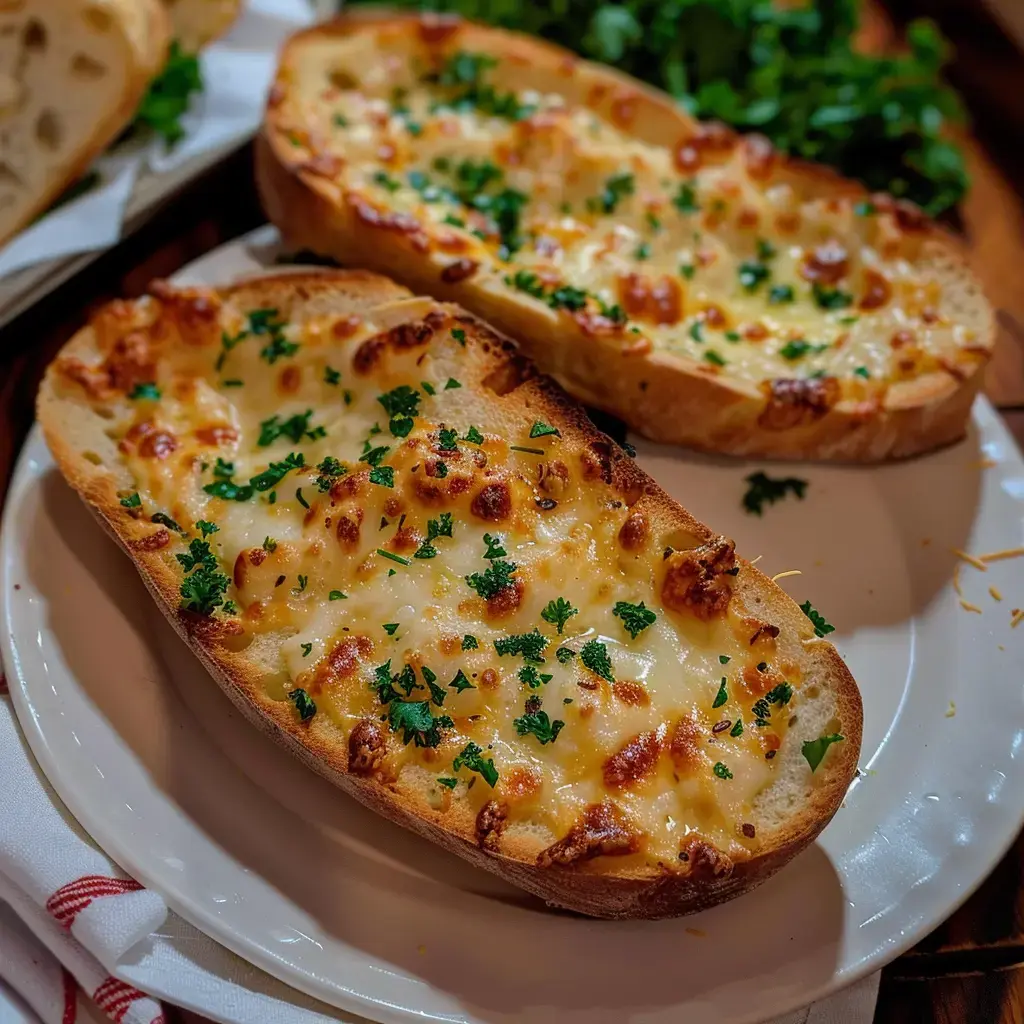 Deux tranches de pain dorées au four avec une belle couche de fromage fondu et du persil dessus, posées sur une assiette.