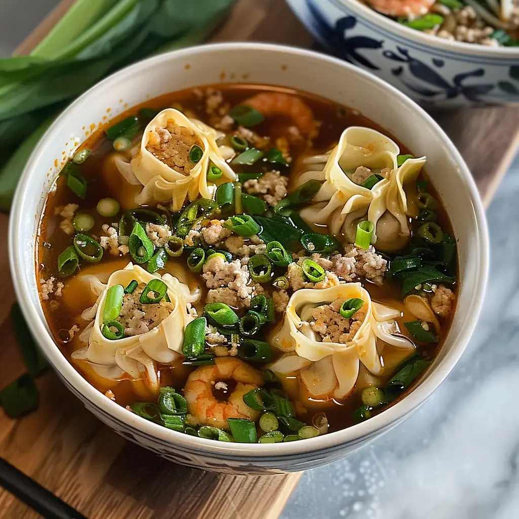 Un bol rempli de raviolis, crevettes et oignons verts