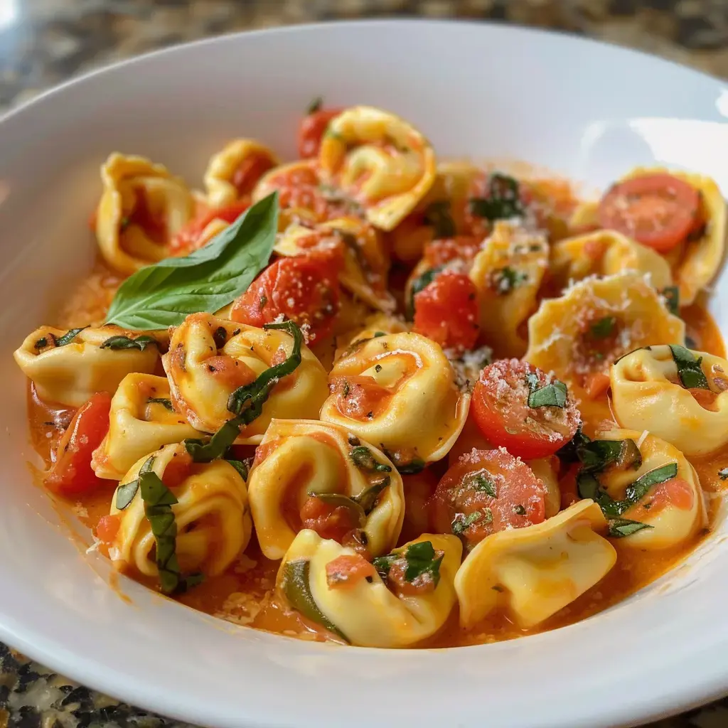 Des tortellini nappés de crème, des tomates cerises et quelques feuilles de basilic dans une assiette.