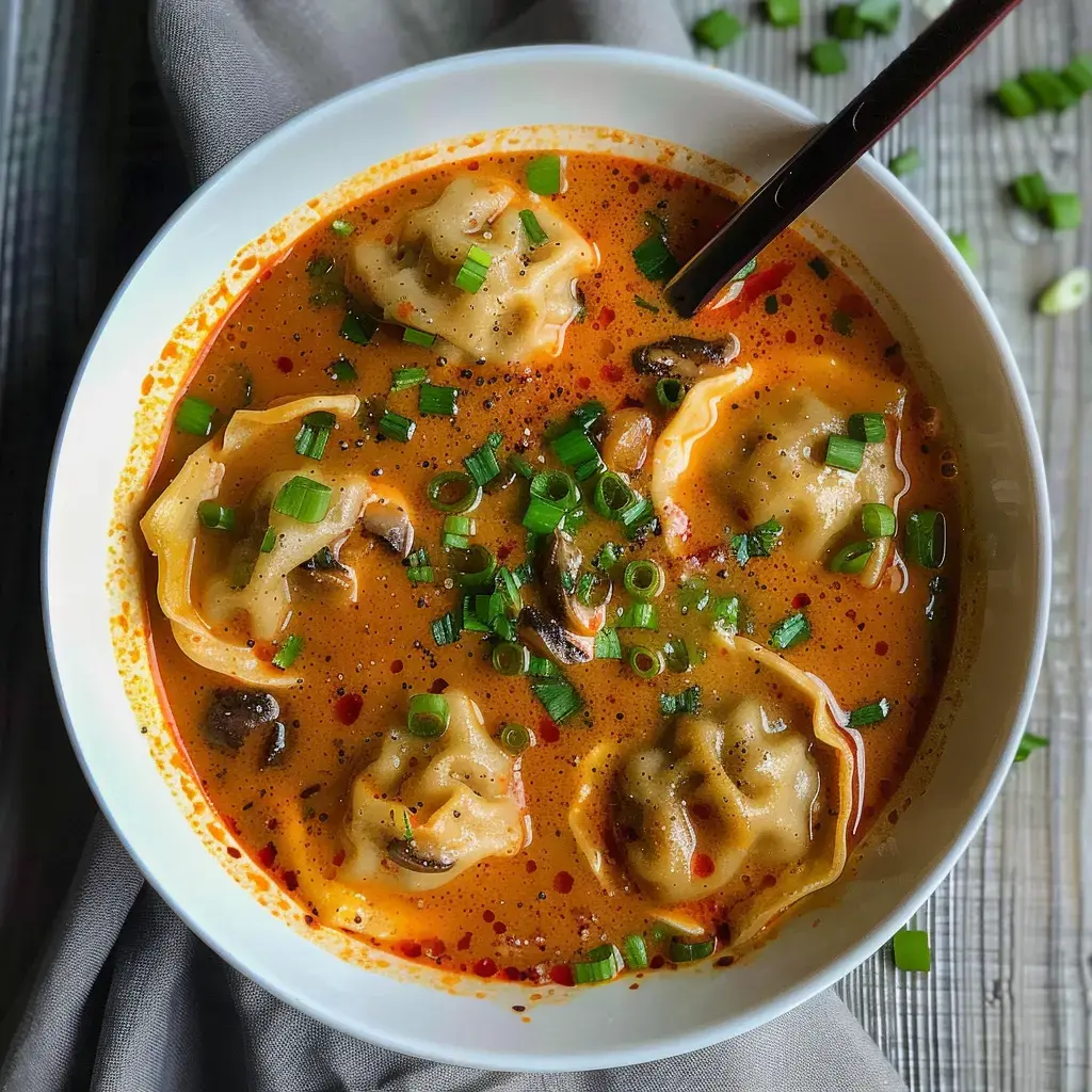 Une soupe crémeuse, bien épicée avec raviolis et champignons, parsemée d’oignons verts frais.