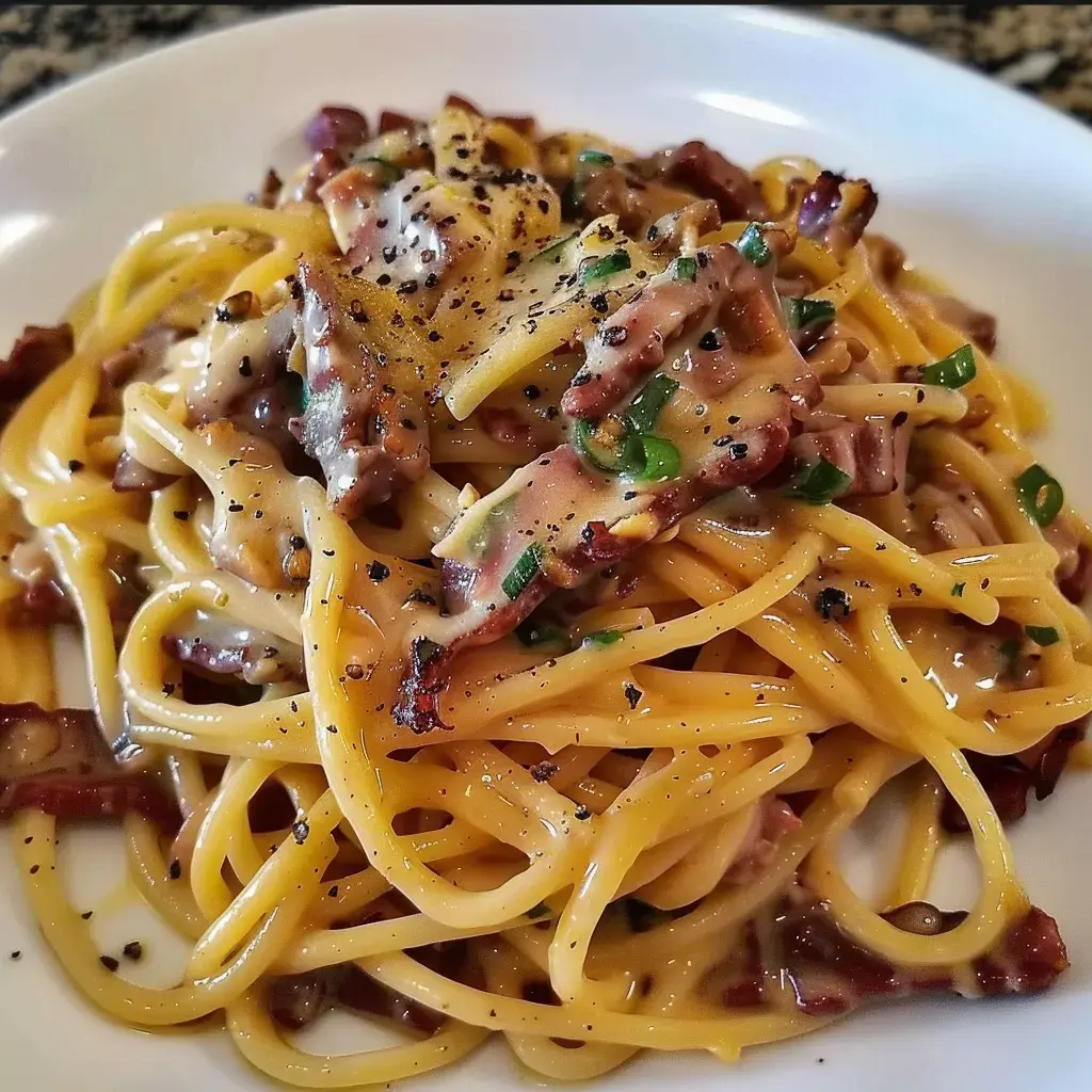 Des spaghetti nappés de sauce épaisse avec morceaux de viande, poivre et un peu de vert par-dessus.