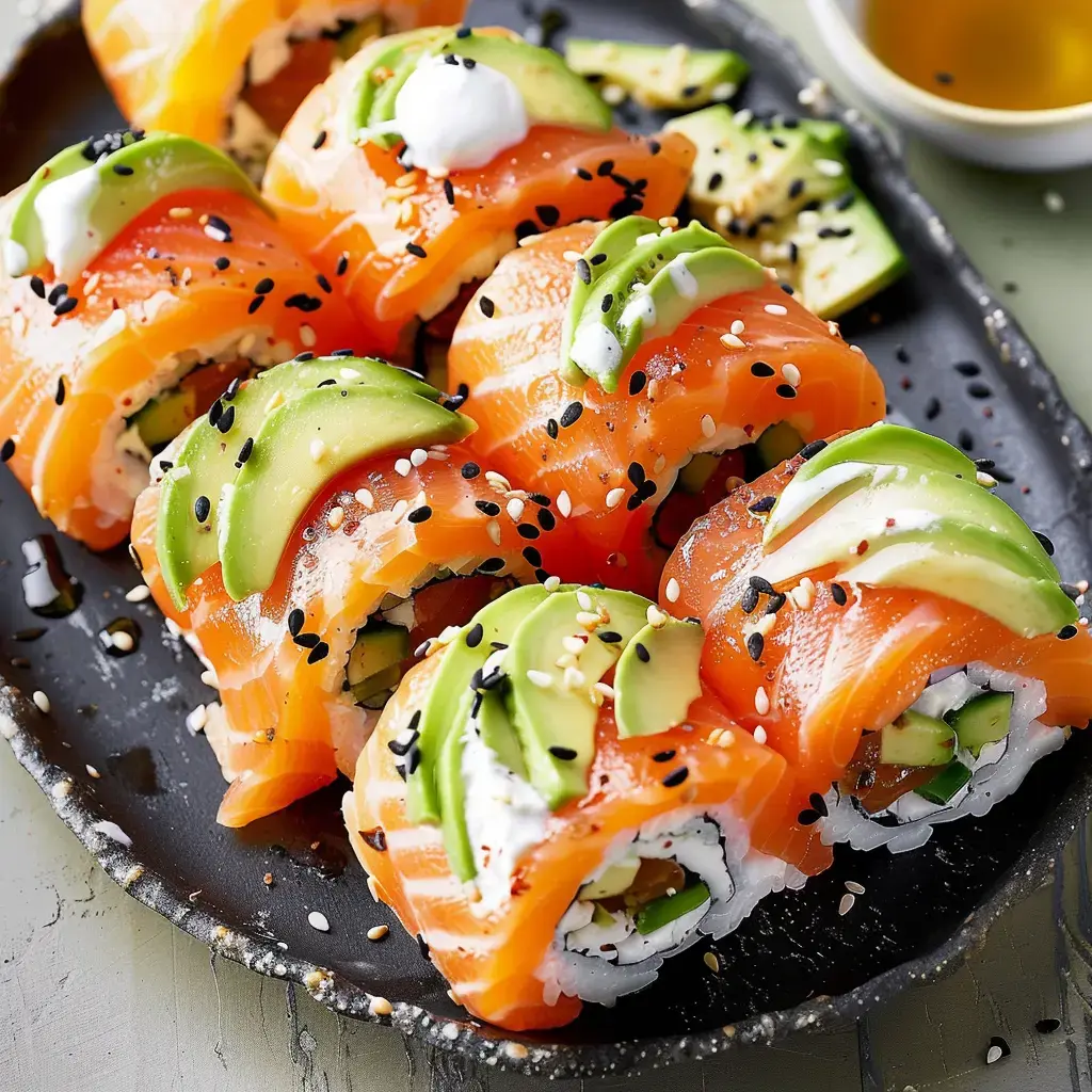 Des rouleaux frais de saumon, avocat, et concombre, posés sur une assiette foncée, parsemés de sésame & petite sauce à côté.