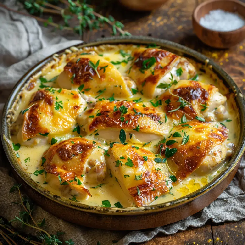 Poulet farci gratiné, sauce crémeuse, touche de persil, doré au four.