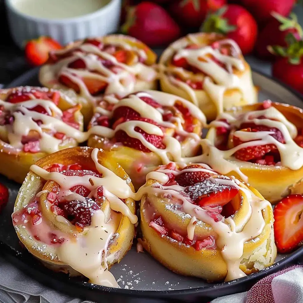 Brioche fourrée avec des fraises fondantes et du glaçage onctueux dessus.