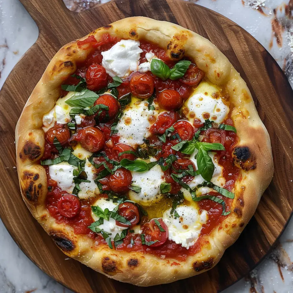 Pizza sur planche en bois avec tomates cerises, basilic, mozzarella fondue et huile d’olive.