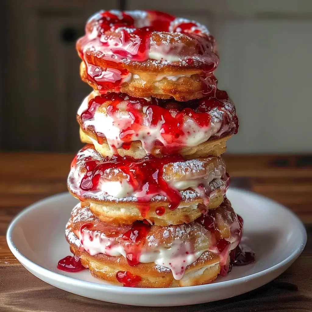 Quatre beignets empilés avec une garniture de crème et fruits rouges, recouverts de sucre glace.