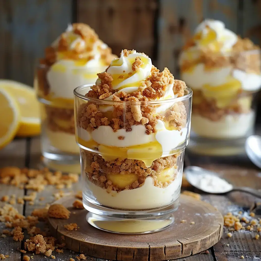 Petites coupes rafraîchissantes au citron, crème légère et biscuits émiettés, placées sur une table en bois.