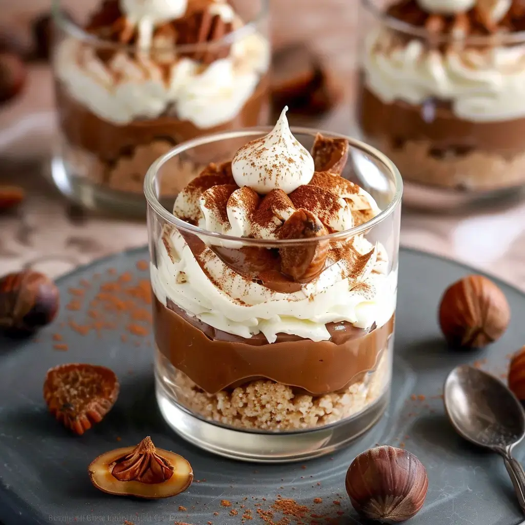 Un joli dessert en verrine avec des couches de crème marron, chantilly gourmande et éclats de noisettes, sans oublier un nuage de cacao.