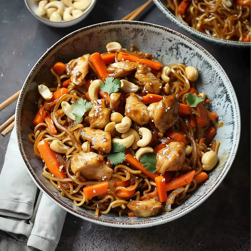 Un bol rempli de nouilles garnies de poulet sauté, carottes colorées, cajou dorés et coriandre fraîche, parsemé de sésame.