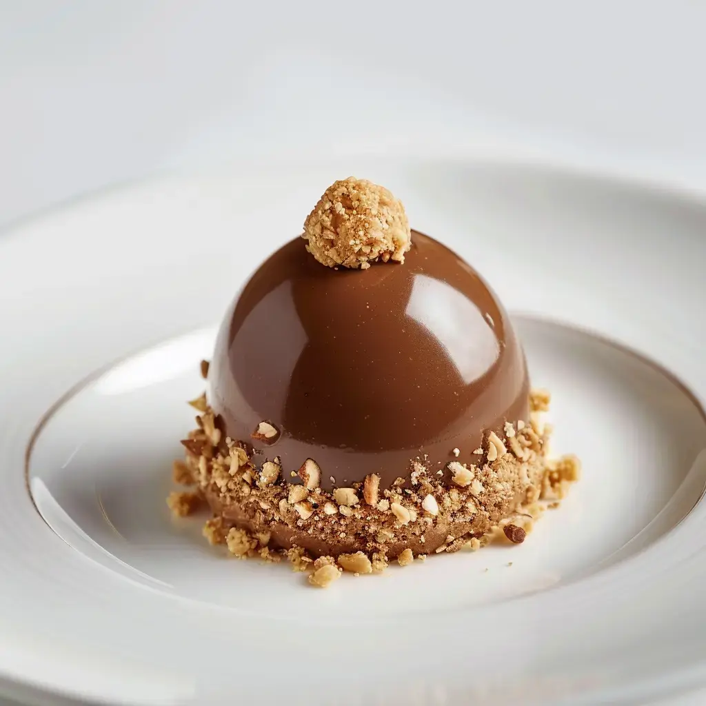 Un joli dôme en chocolat décoré avec une bouchée sucrée et entouré de noisettes hachées.