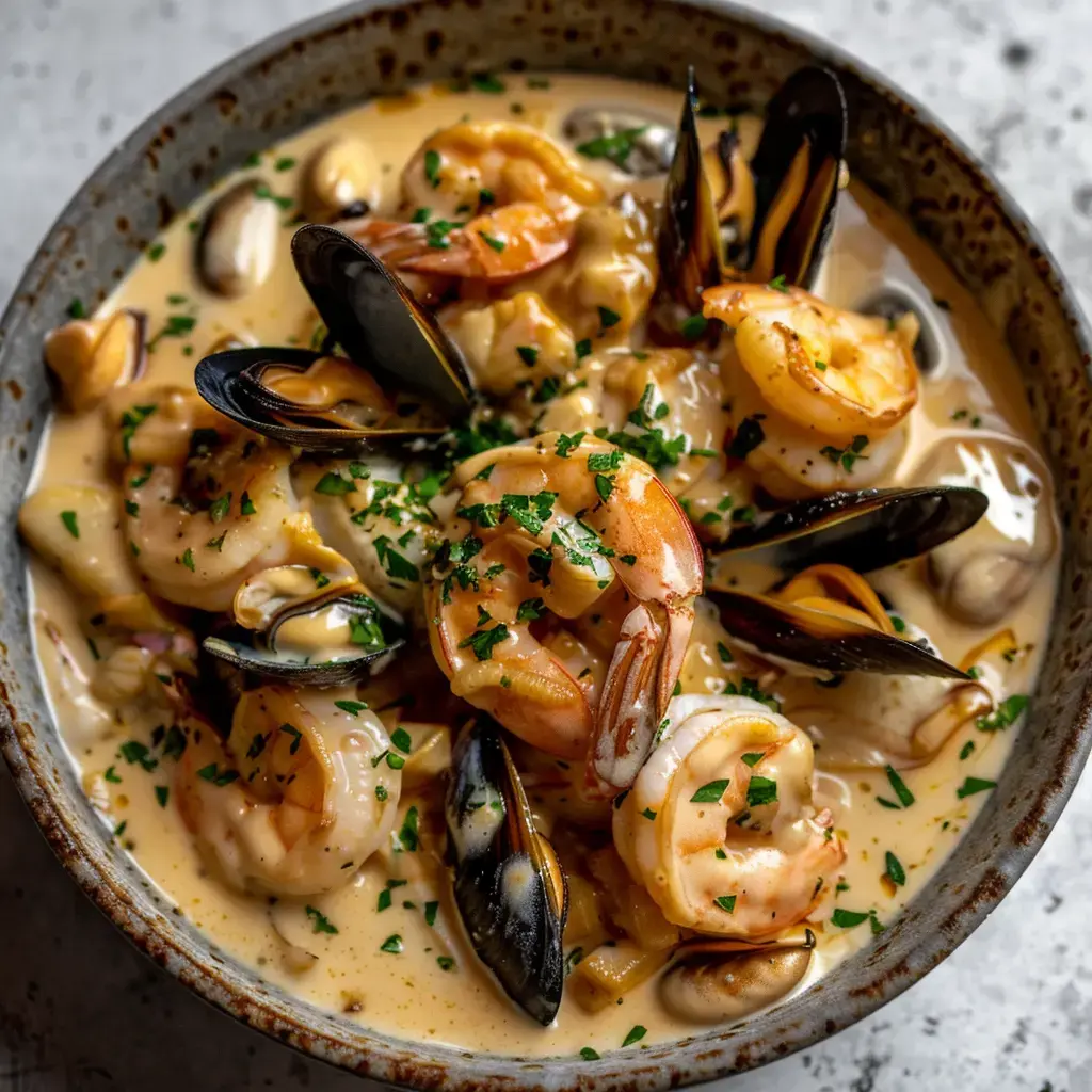 Un bol rempli de moules, crevettes et coques dans une sauce crémeuse avec du persil frais dessus.