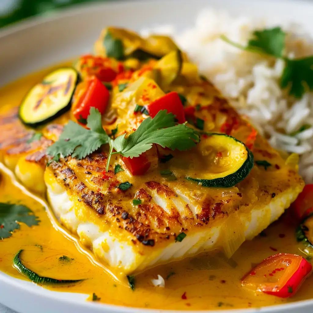 Filet de poisson cuit avec une belle sauce onctueuse, légumes colorés et riz à côté.