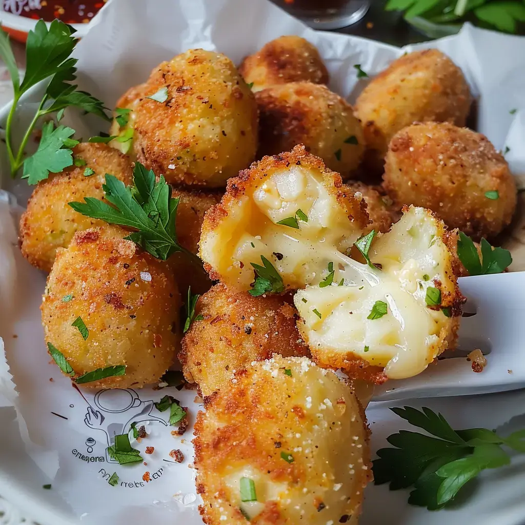 De savoureuses croquettes gratinées, pleines de fromage, servies dans un plat avec du persil frais.