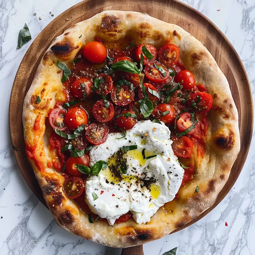 Sur une planche en bois, pizza aux tomates cerises, basilic frais et burrata posée.