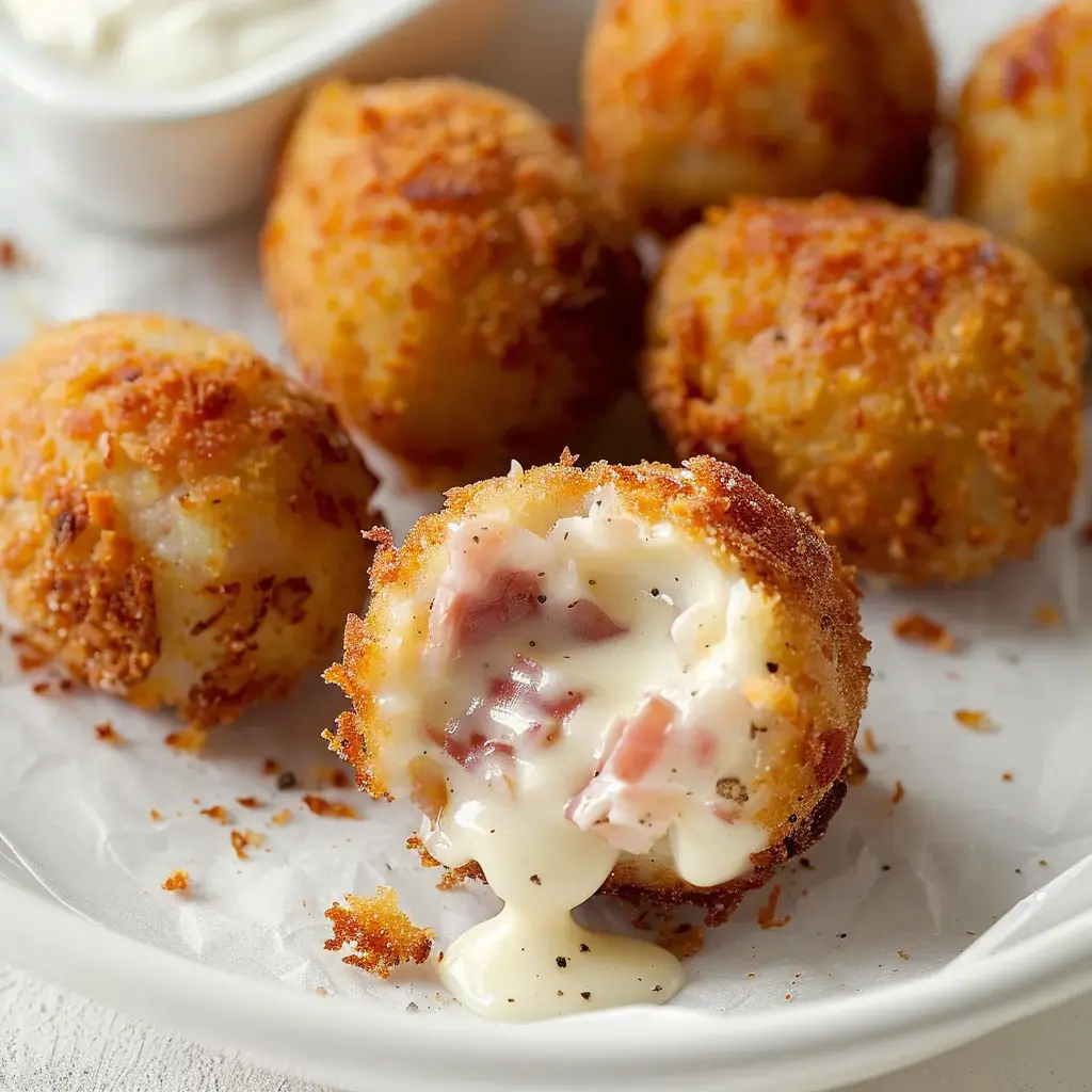 Petites boulettes panées et bien dorées, coupées pour dévoiler un intérieur crémeux au jambon.