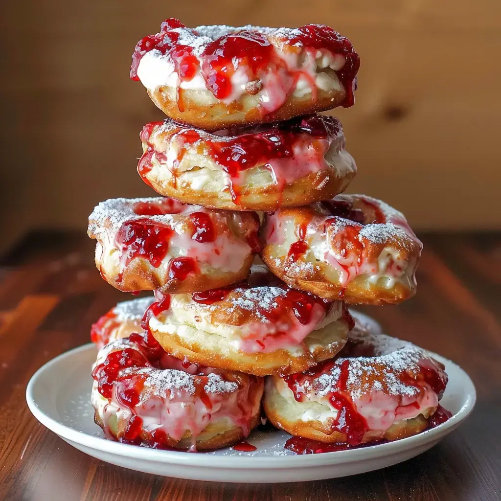 Une assiette garnie de beignets tout roses nappés de confiture et de sucre, bien empilés les uns sur les autres.
