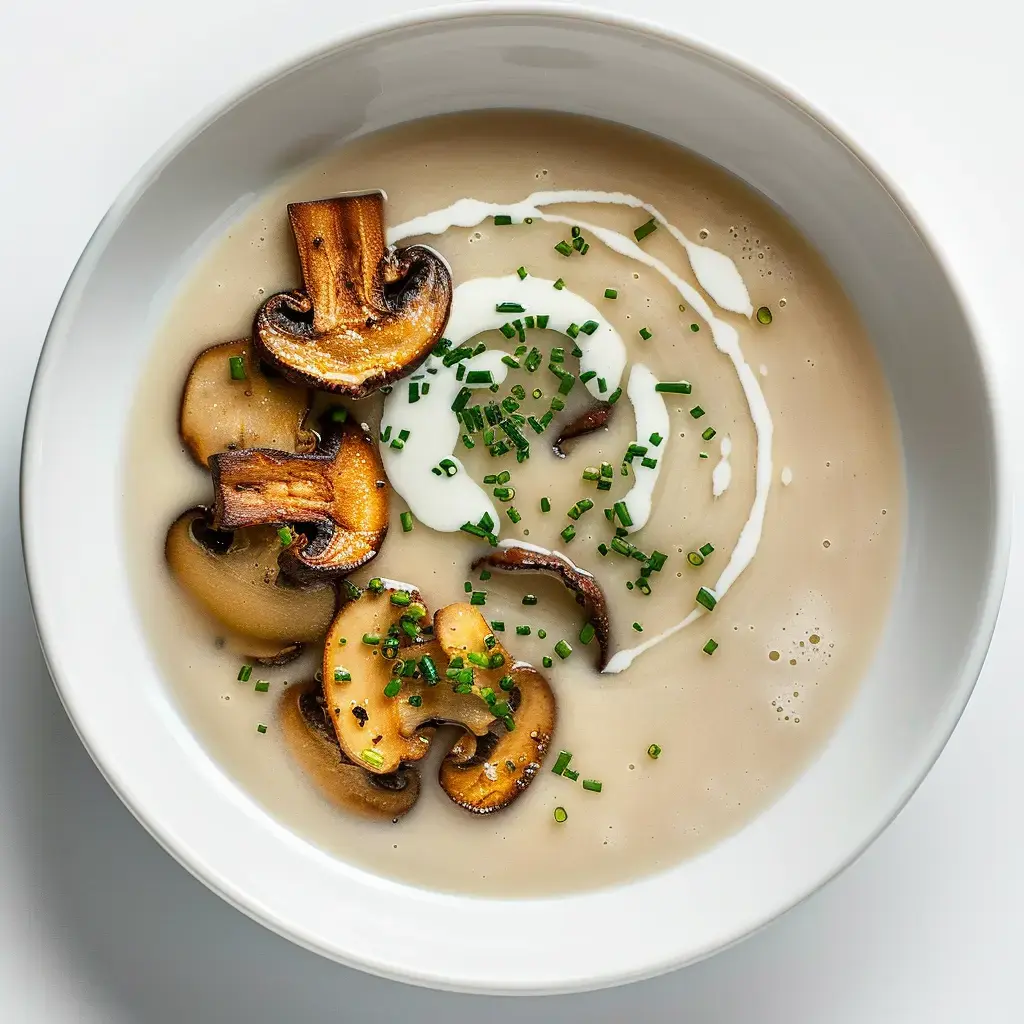 Soupe crémeuse aux champignons, décorée de champignons grillés et d’un peu de ciboulette fraîche.