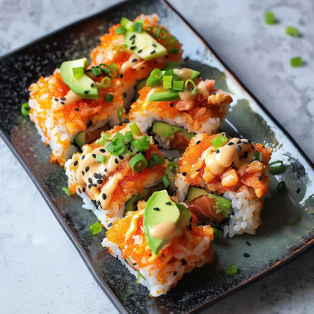 Gros plan sur un plateau sushis avec avocat, saumon, mayo onctueuse et graines de sésame, le tout sur fond sombre.