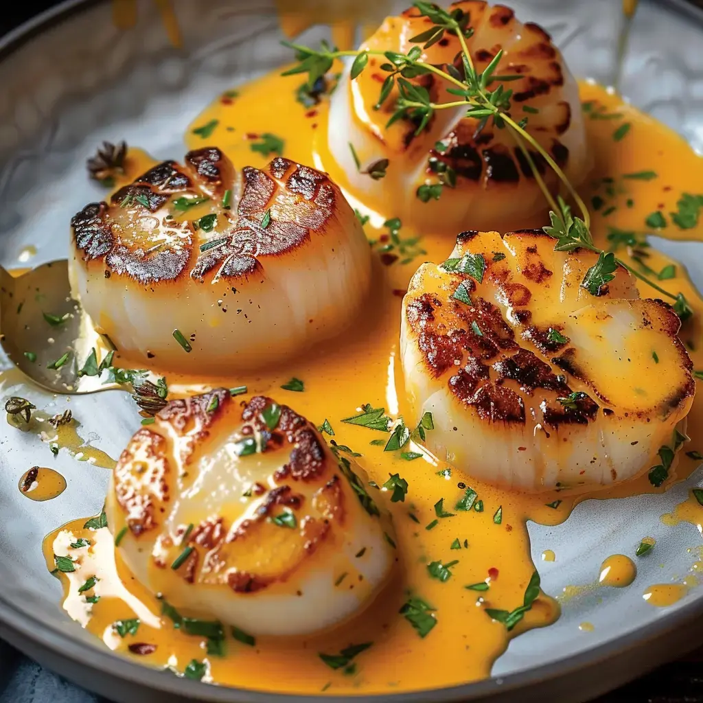 Saint-Jacques bien dorées trempent dans une sauce onctueuse avec un peu d’herbes par-dessus.