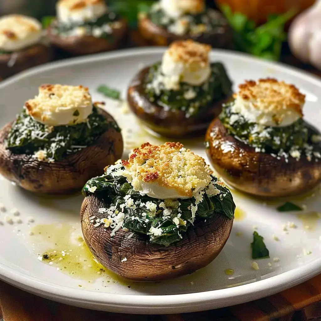 Des champignons aux épinards pleine de fromage et gratinés, servis joliment sur une assiette.