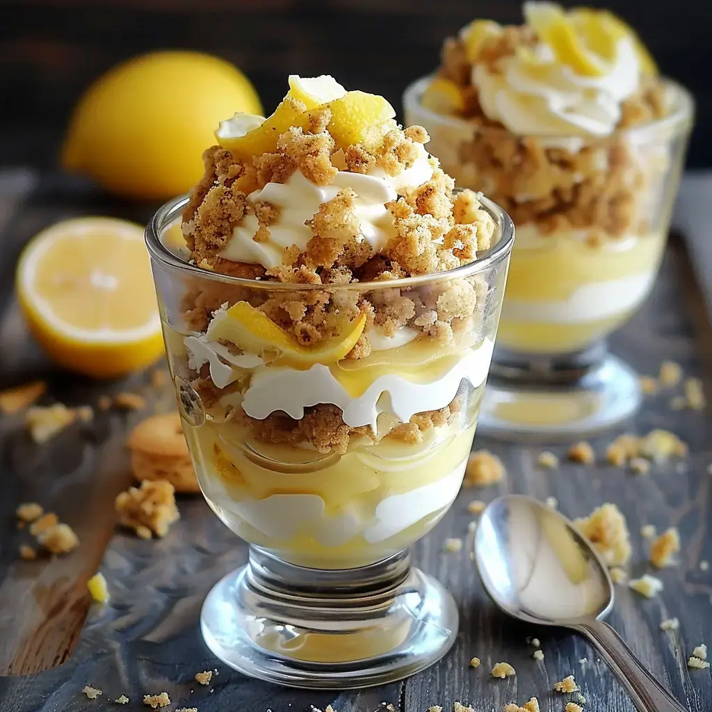 Un joli verre plein de couches : crème jaune, lemon curd, biscuits écrasés et zeste de citron. En fond, on aperçoit un citron coupé.