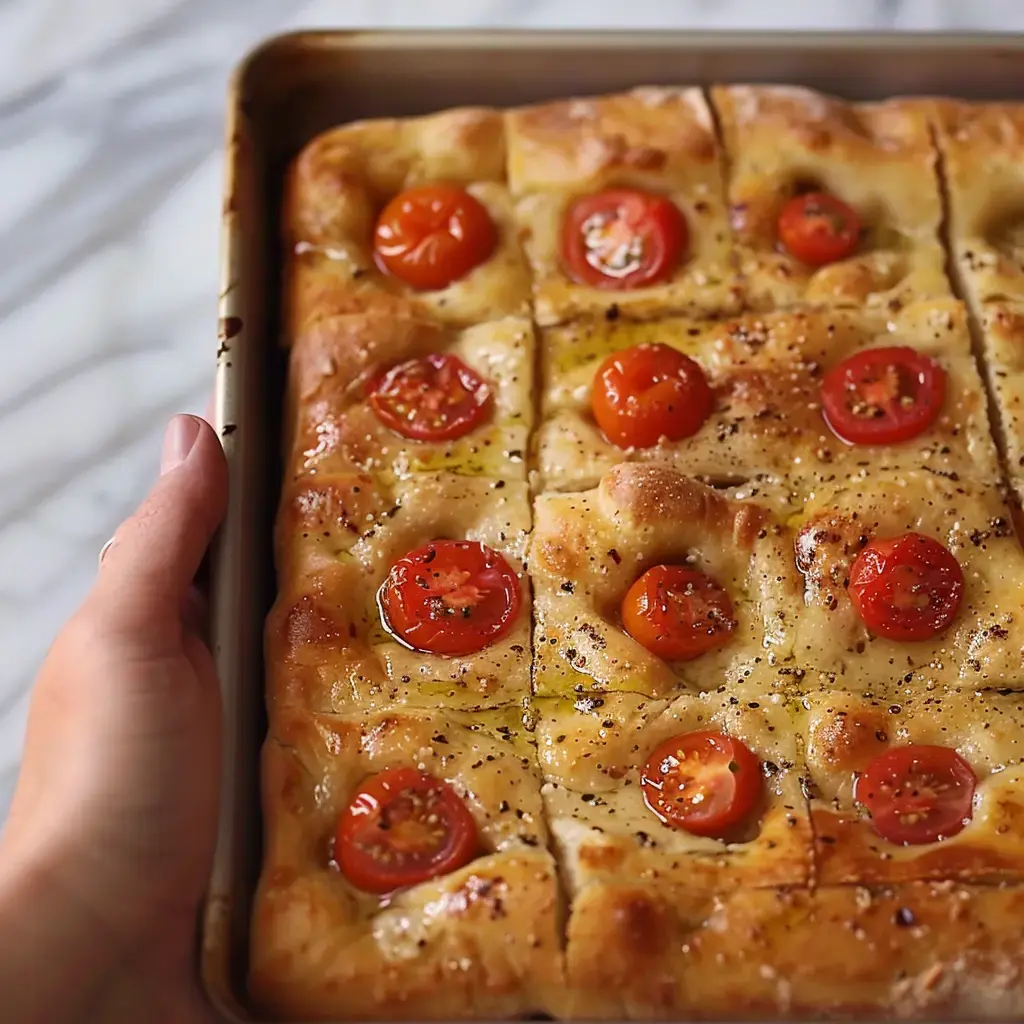 Deux mains tiennent un plat de focaccia garnie de tomates cerises rôties.