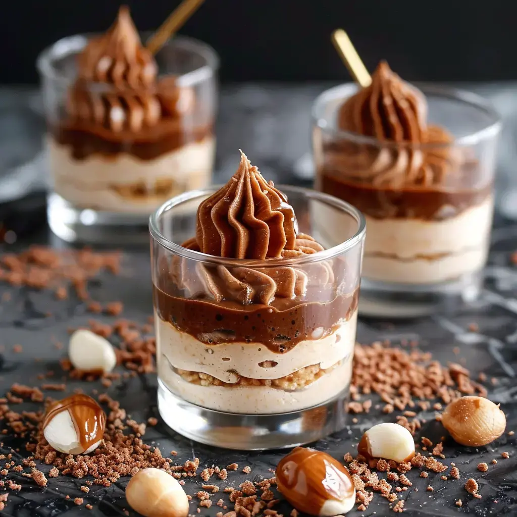 Petites verrines sucrées, montées en couches de biscuit, crème et déco de noisettes, crème fouettée sur le dessus.