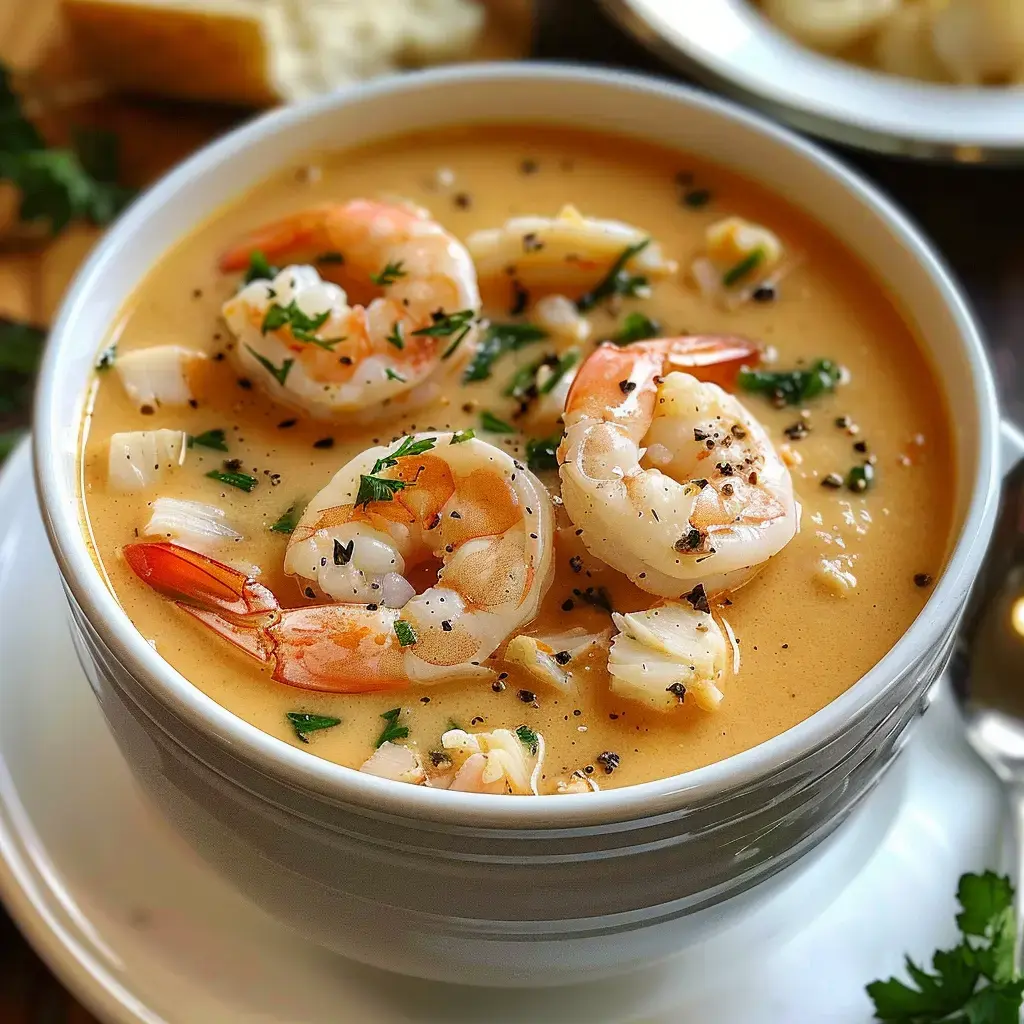 Soupe crémeuse crevettes et crabe, ornée de ciboulette et poivre.