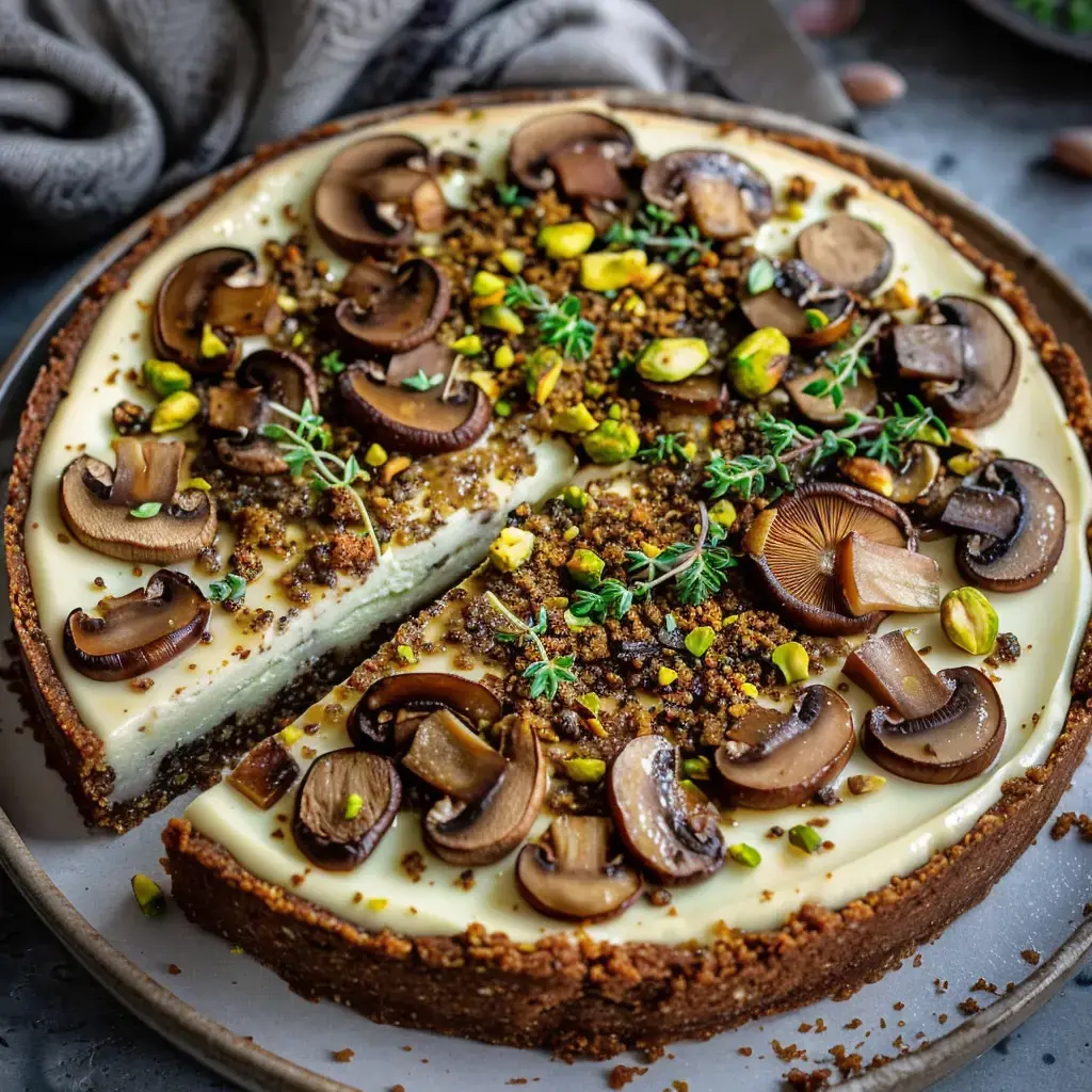 Gâteau au fromage avec champignons, pistaches et miettes, une part est déjà coupée.