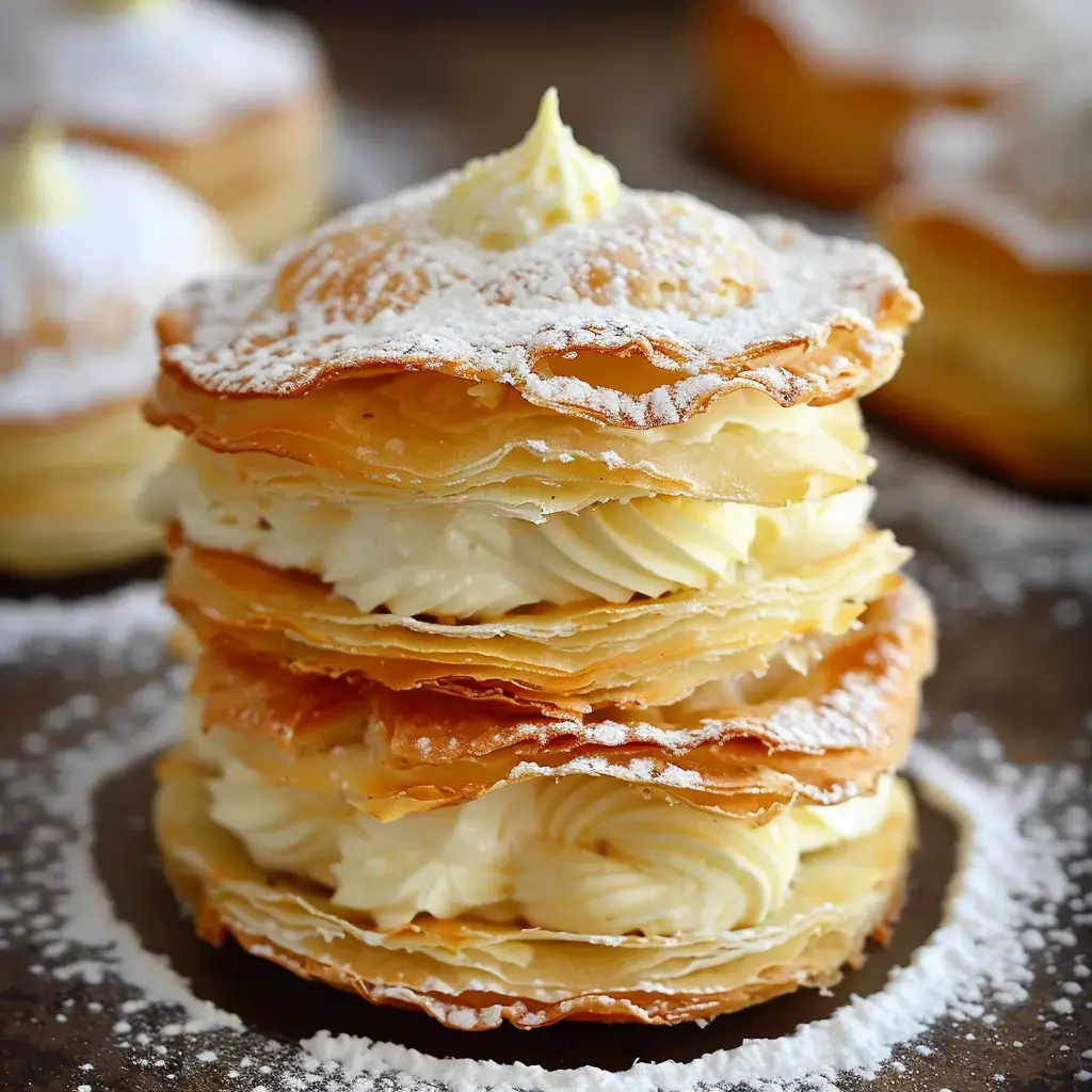 Trois disques de pâte feuilletée garnis de crème et saupoudrés de sucre glace.