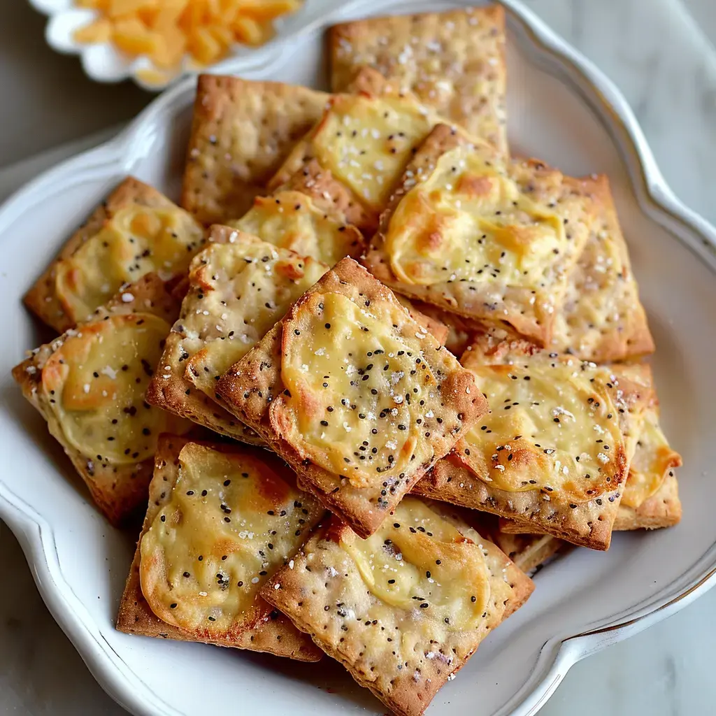 Des crackers au fromage tout dorés, parsemés de graines, prêts à grignoter pour l'apéritif.