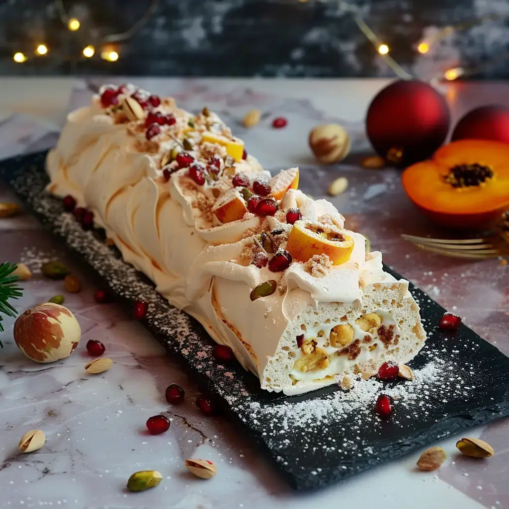 Superbe bûche de Noël décorée avec fruits frais, crème et morceaux de noix, élégamment posée sur un joli plateau noir.