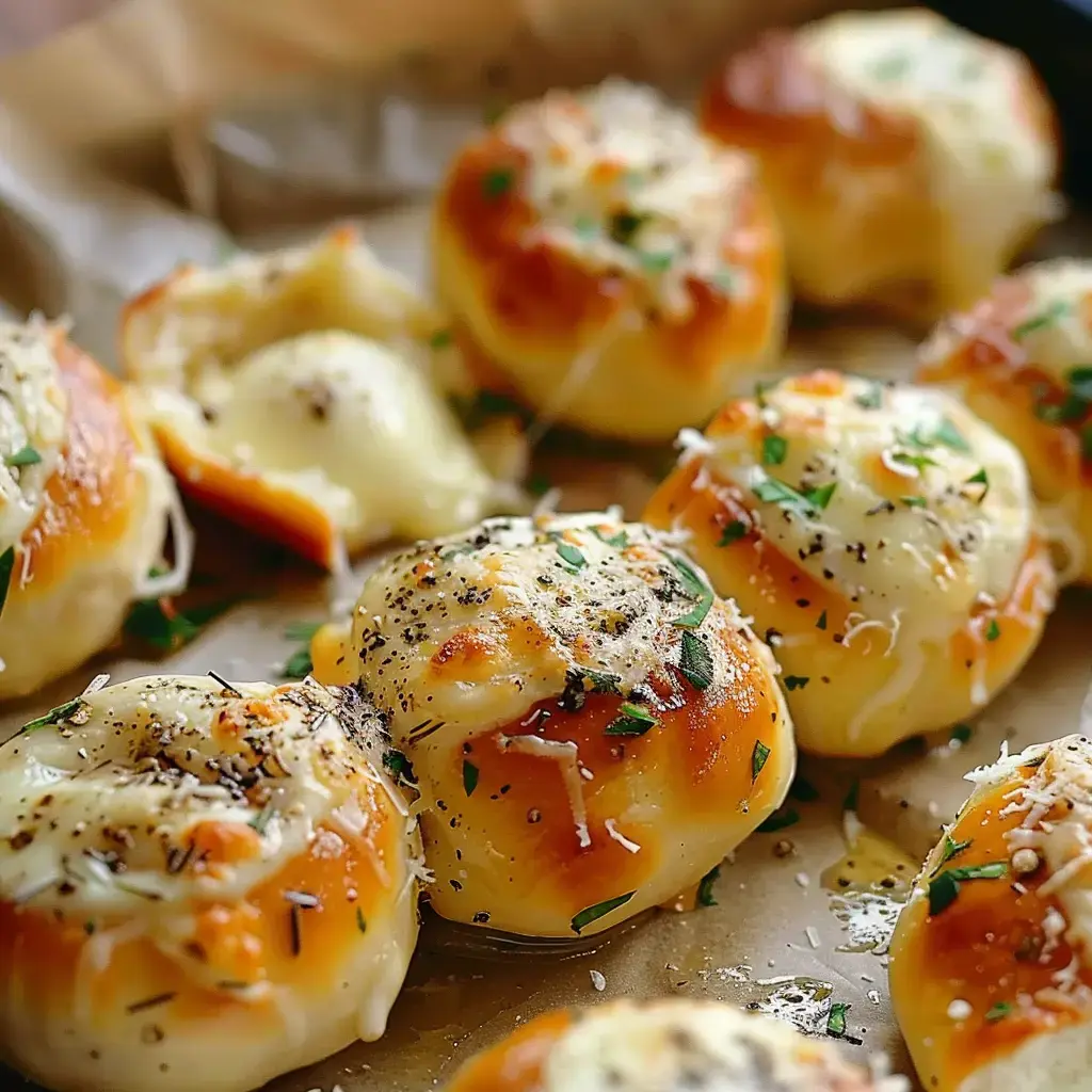 Des petits pains bien dorés au fromage fondant et aux herbes sortis du four.