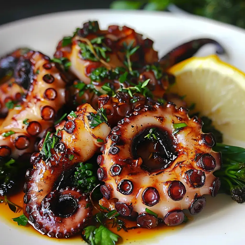 Poulpe grillé avec herbes fraîches et quartier de citron.