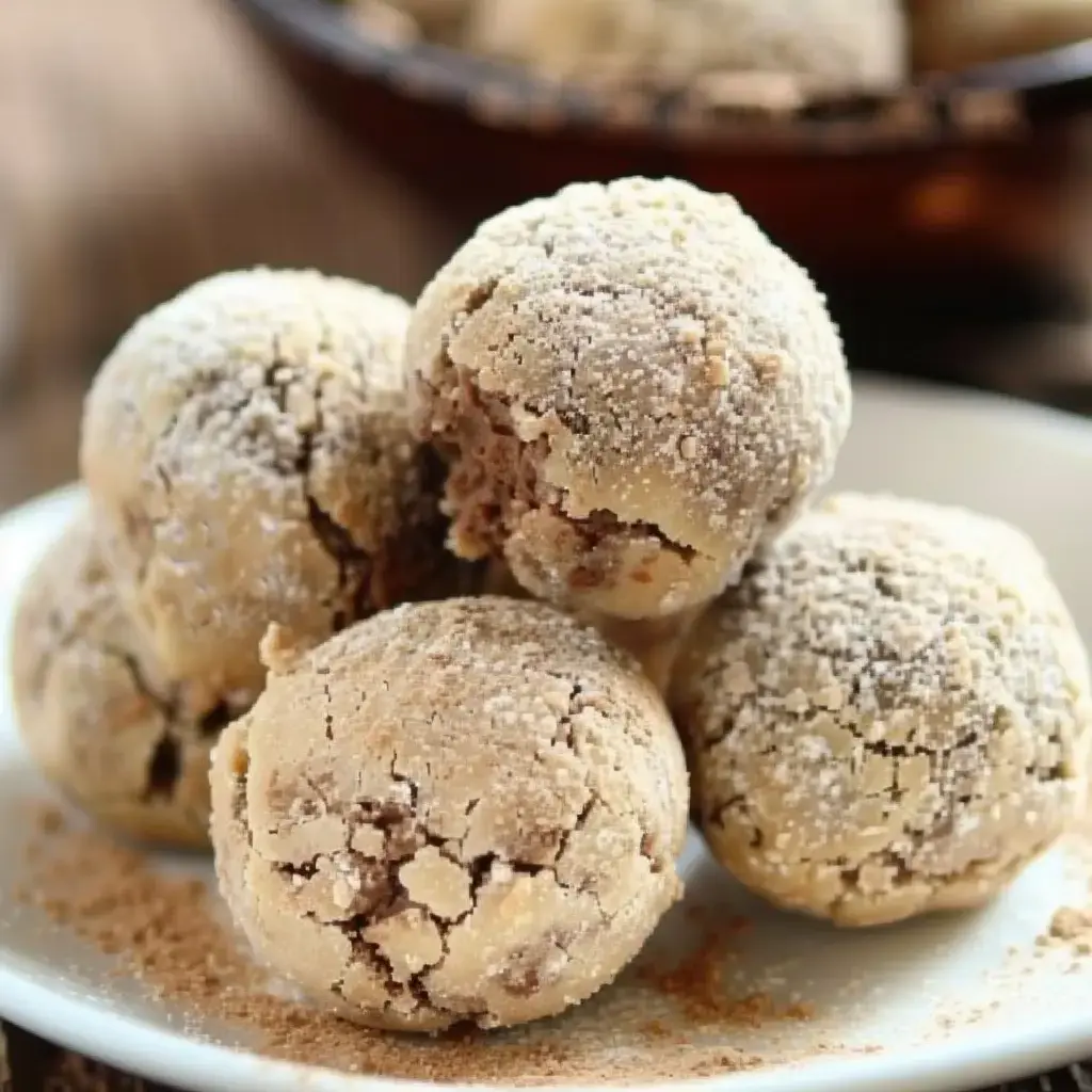 Des petites bouchées sucrées, toutes craquelées, attendent sur une jolie assiette saupoudrées de sucre.