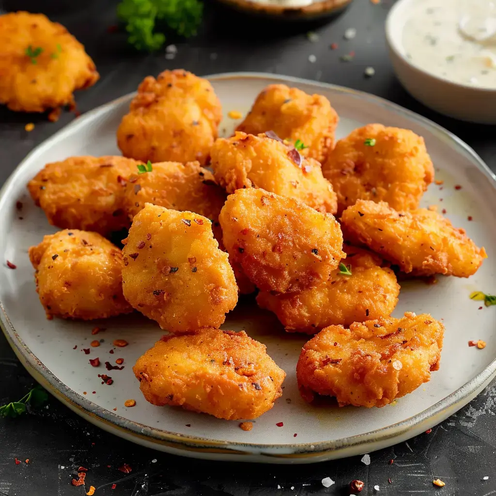 Des nuggets dorés et craquants servis avec des piments frais et du persil, accompagnés d'une sauce crémeuse en fond.