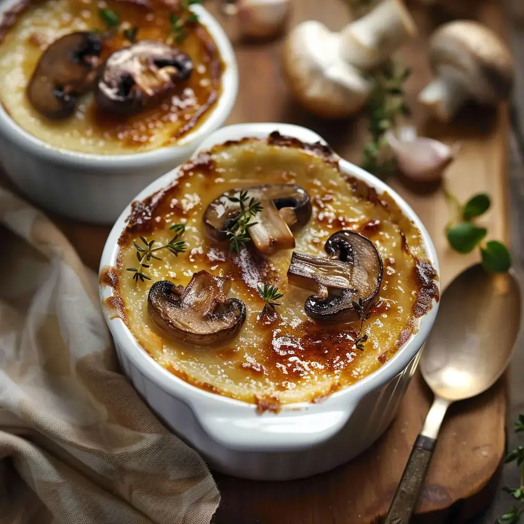Deux petits plats en céramique, gratinés et pleins de champignons avec des herbes fraîches, posés sur une planche boisée.