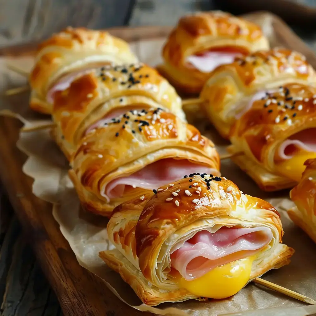 Petits feuilletés roulés au jambon et œuf, couverts de graines noires, servis sur une planche en bois.