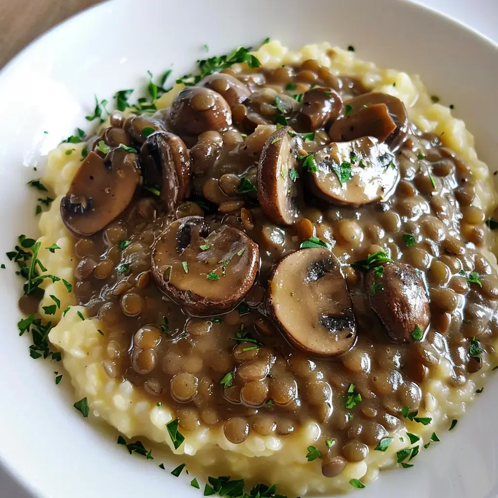 Des lentilles et des champignons posés sur une purée bien crémeuse et recouverts de persil frais.
